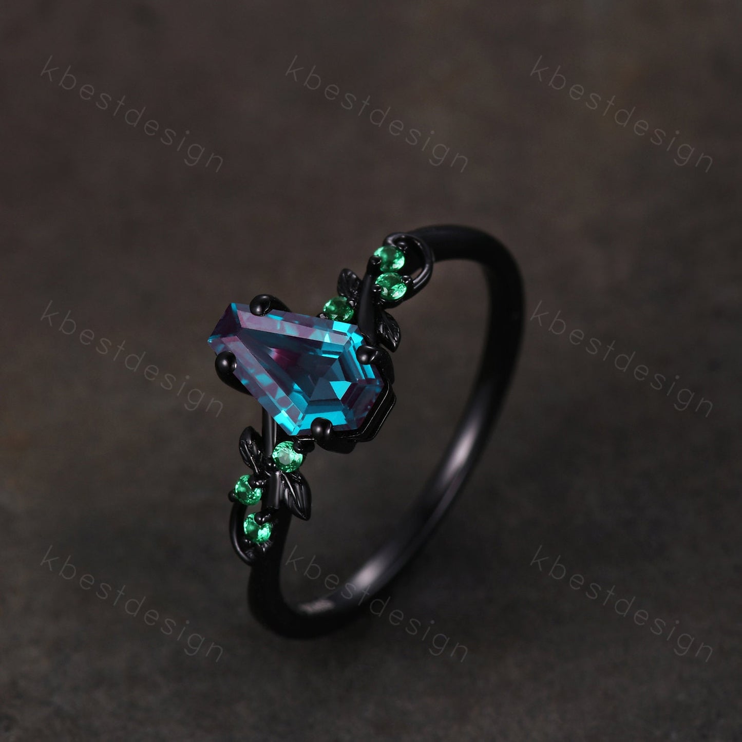 Vintage coffin cut alexandrite engagement ring black gold twig leaf emerald wedding ring nature inspired ring art deco bridal promise ring