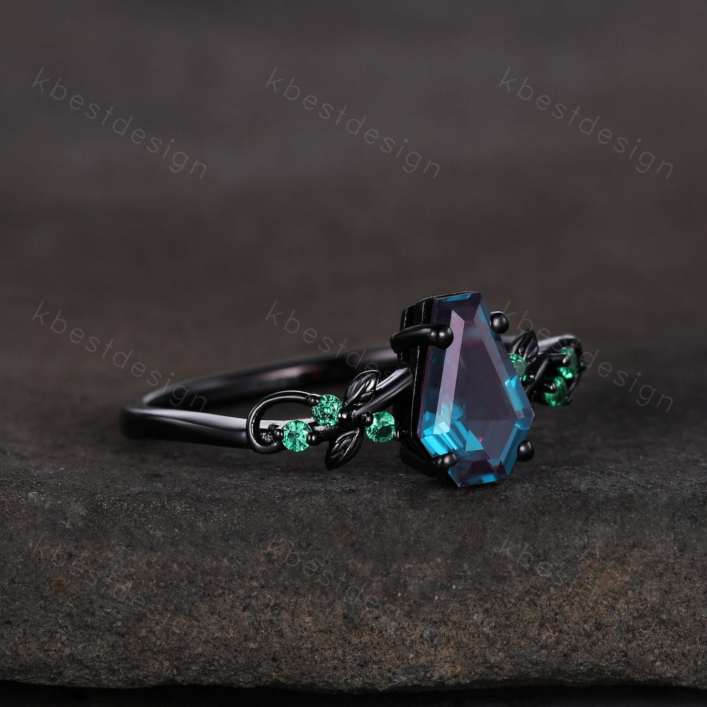 Vintage coffin cut alexandrite engagement ring black gold twig leaf emerald wedding ring nature inspired ring art deco bridal promise ring