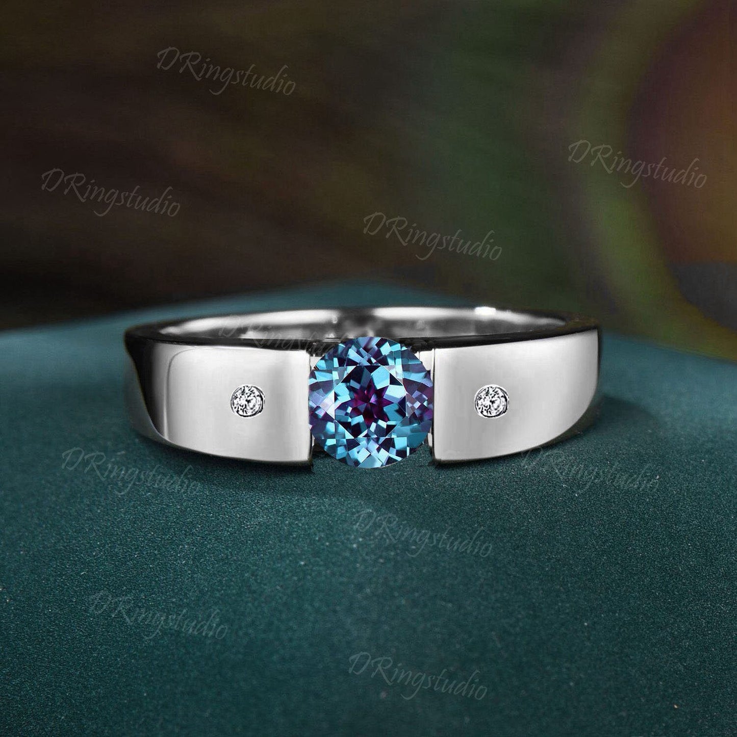 Tension Set Alexandrite Ring 5mm Round Alexandrite Engagement Ring Solid Black Gold Flush Diamond Wedding Band June Birthstone Unique Promise Gift