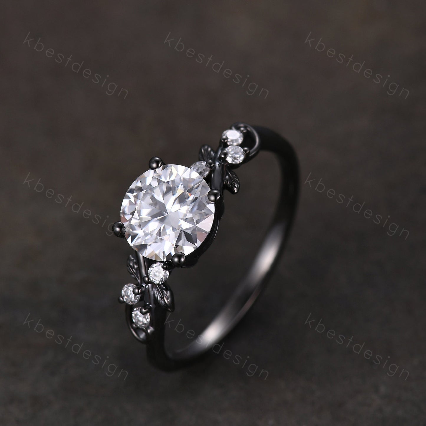 Nature inspired moissanite engagement ring black gold ring for women twig leaf design wedding ring unique art deco bridal anniversary ring