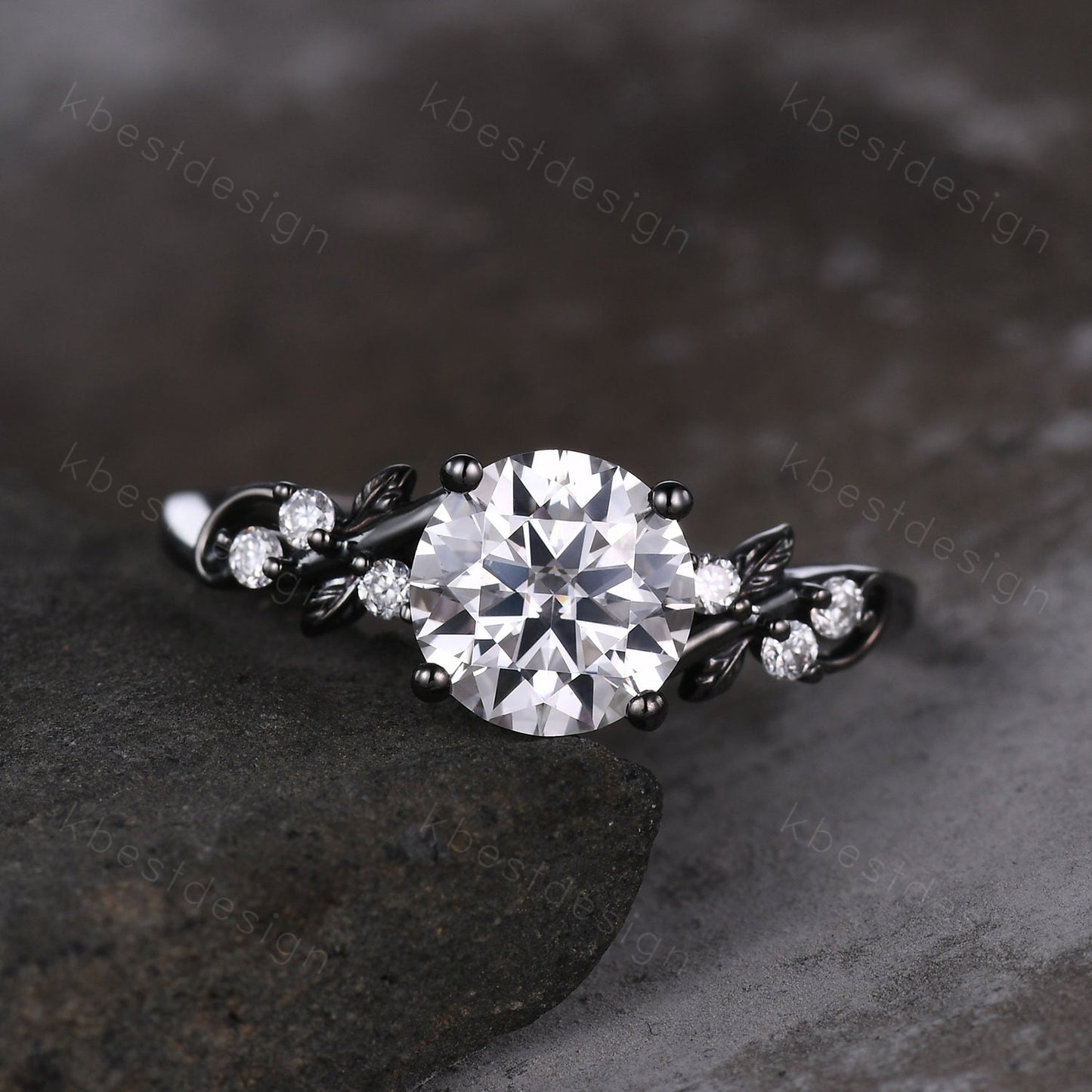 Nature inspired moissanite engagement ring black gold ring for women twig leaf design wedding ring unique art deco bridal anniversary ring