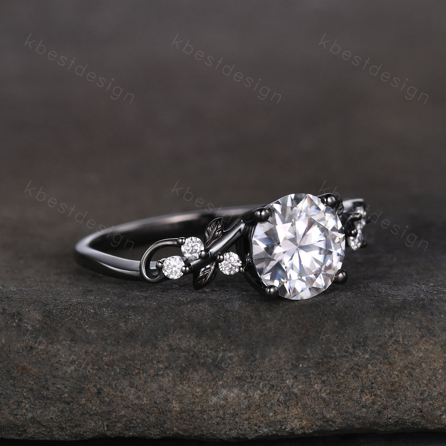 Nature inspired moissanite engagement ring black gold ring for women twig leaf design wedding ring unique art deco bridal anniversary ring