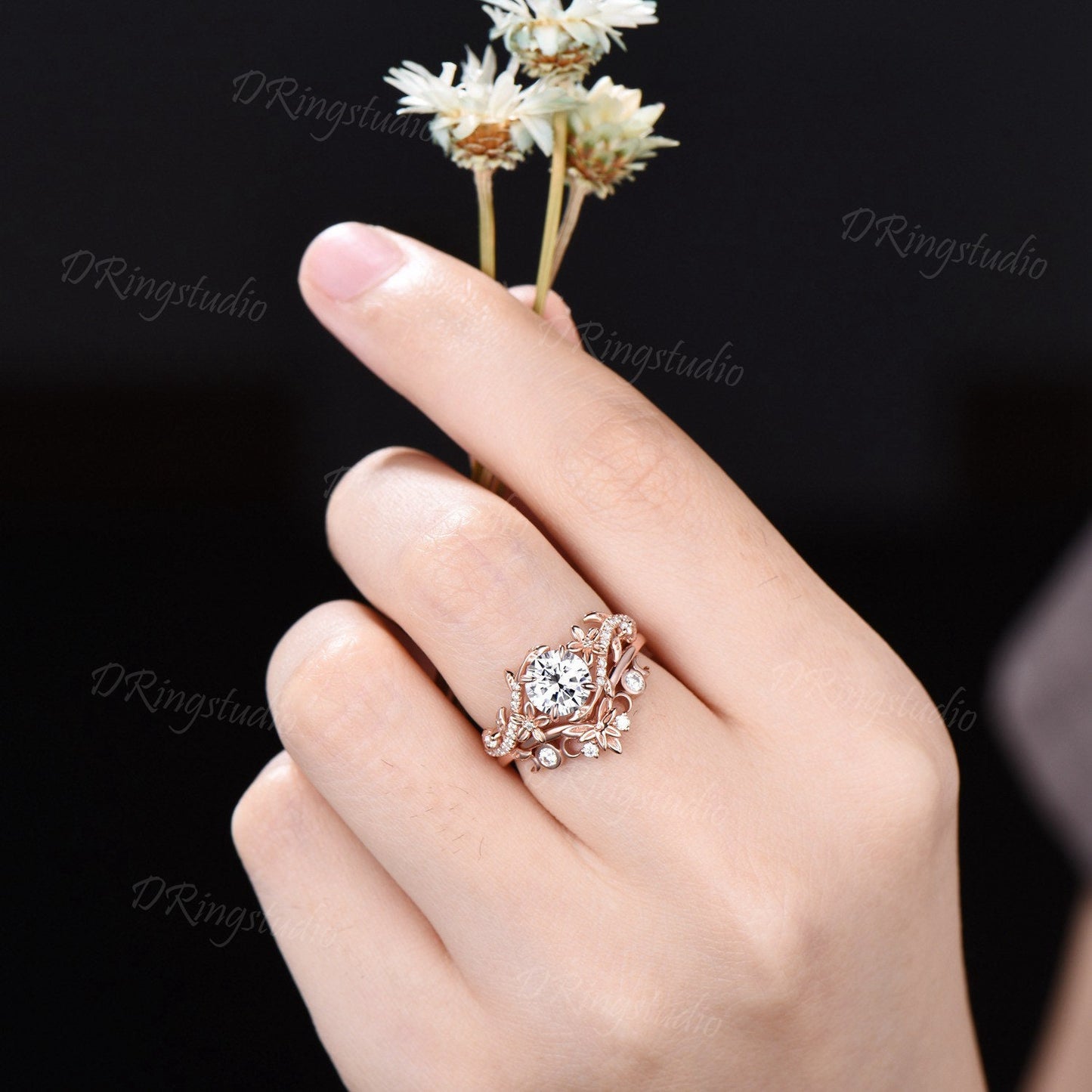 Lab Grown Diamond Engagement Ring Set Round Cut Diamond Floral Wedding Ring Nature Inspired Leaf Vine Bridal Ring Set Celestial Moon Ring
