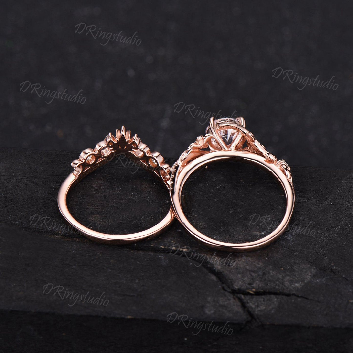 Lab Grown Diamond Engagement Ring Set Round Cut Diamond Floral Wedding Ring Nature Inspired Leaf Vine Bridal Ring Set Celestial Moon Ring