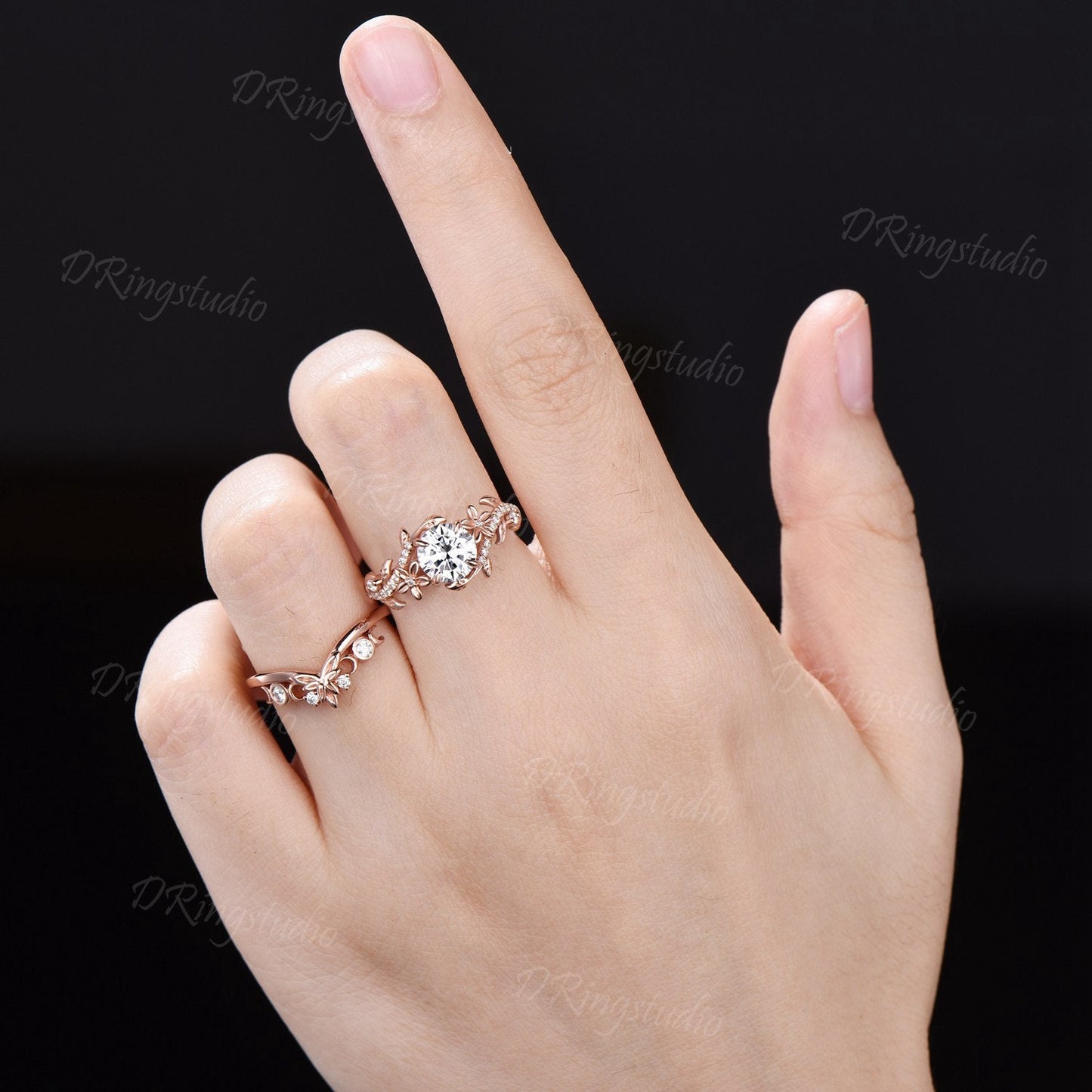 Lab Grown Diamond Engagement Ring Set Round Cut Diamond Floral Wedding Ring Nature Inspired Leaf Vine Bridal Ring Set Celestial Moon Ring