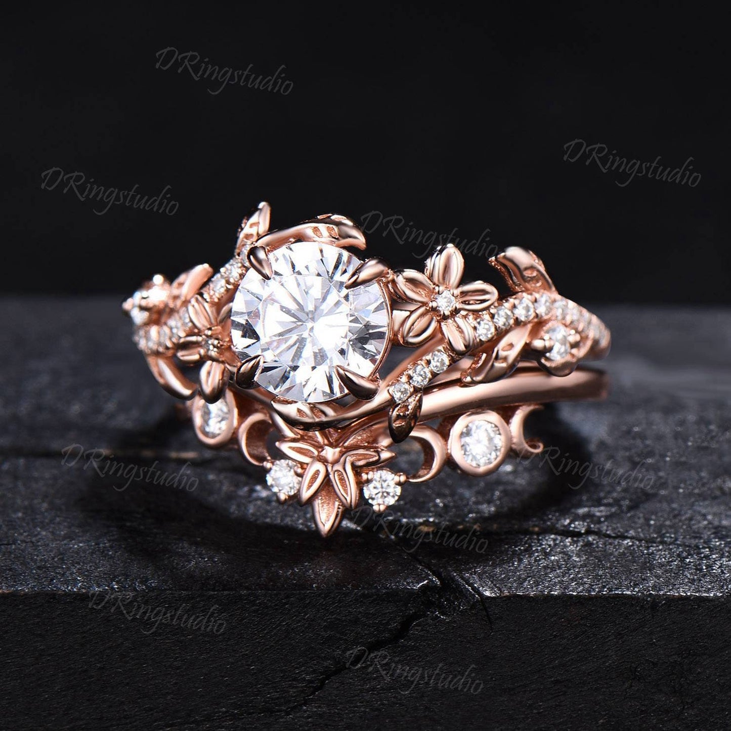 Lab Grown Diamond Engagement Ring Set Round Cut Diamond Floral Wedding Ring Nature Inspired Leaf Vine Bridal Ring Set Celestial Moon Ring