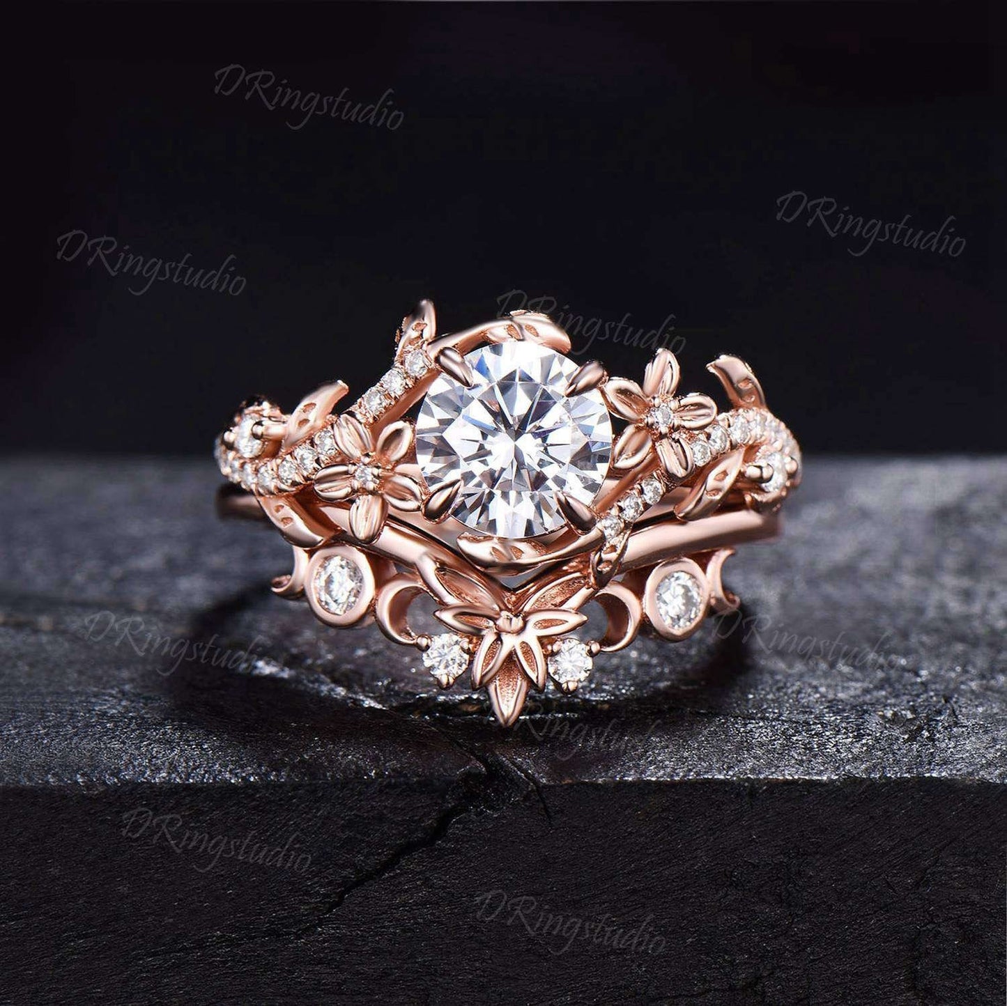 Lab Grown Diamond Engagement Ring Set Round Cut Diamond Floral Wedding Ring Nature Inspired Leaf Vine Bridal Ring Set Celestial Moon Ring