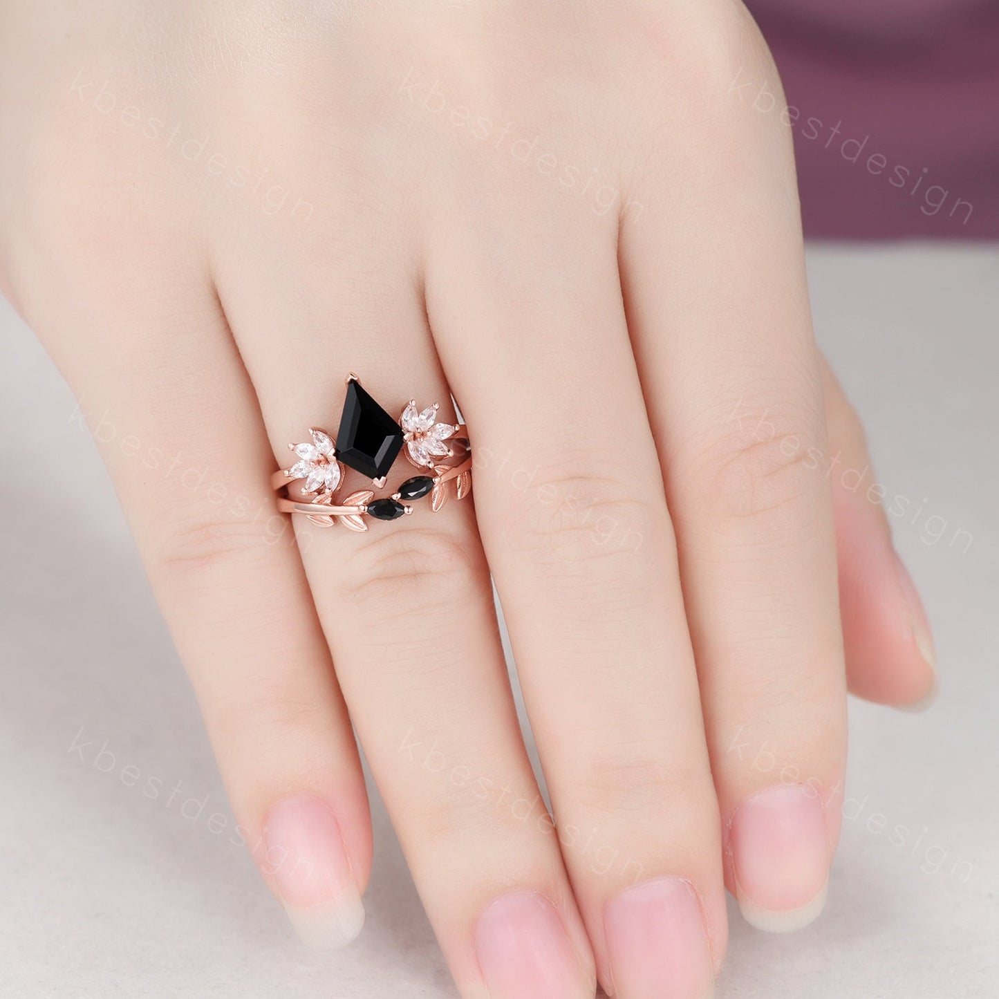 Vintage black onyx engagement ring kite cut ring rose gold ring art deco leaf stacking band unique moissanite cluster wedding ring set