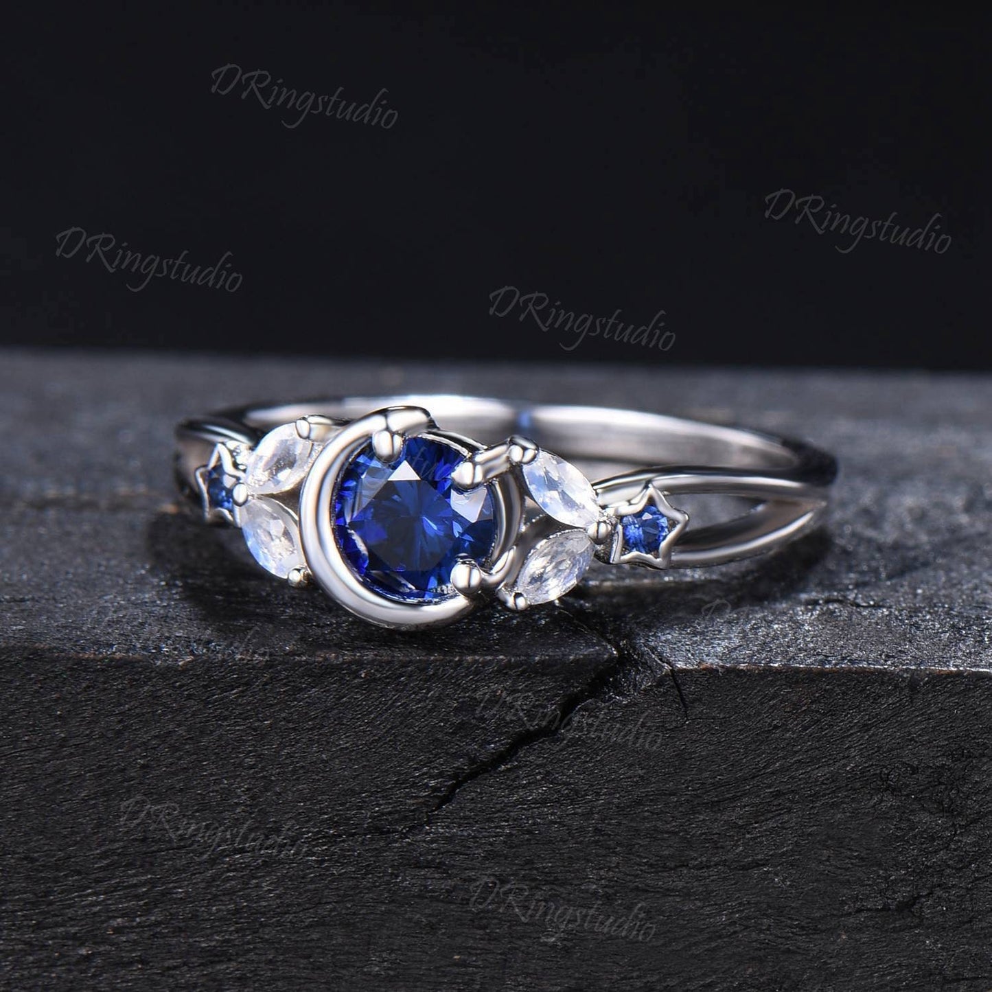Moon Star Engagement Ring Round Blue Sapphire Ring White Gold Moonstone Wedding Ring Celestial Moon Ring September Birthstone Proposal Gifts