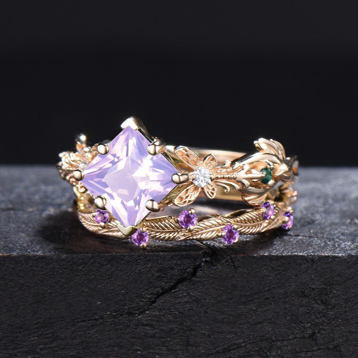Princess Cut Natural Lavender Amethyst Engagement Ring Set 10k/14k Gold Butterfly Wedding Ring Branch Leaf Amethyst Bridal Set Proposal Gift