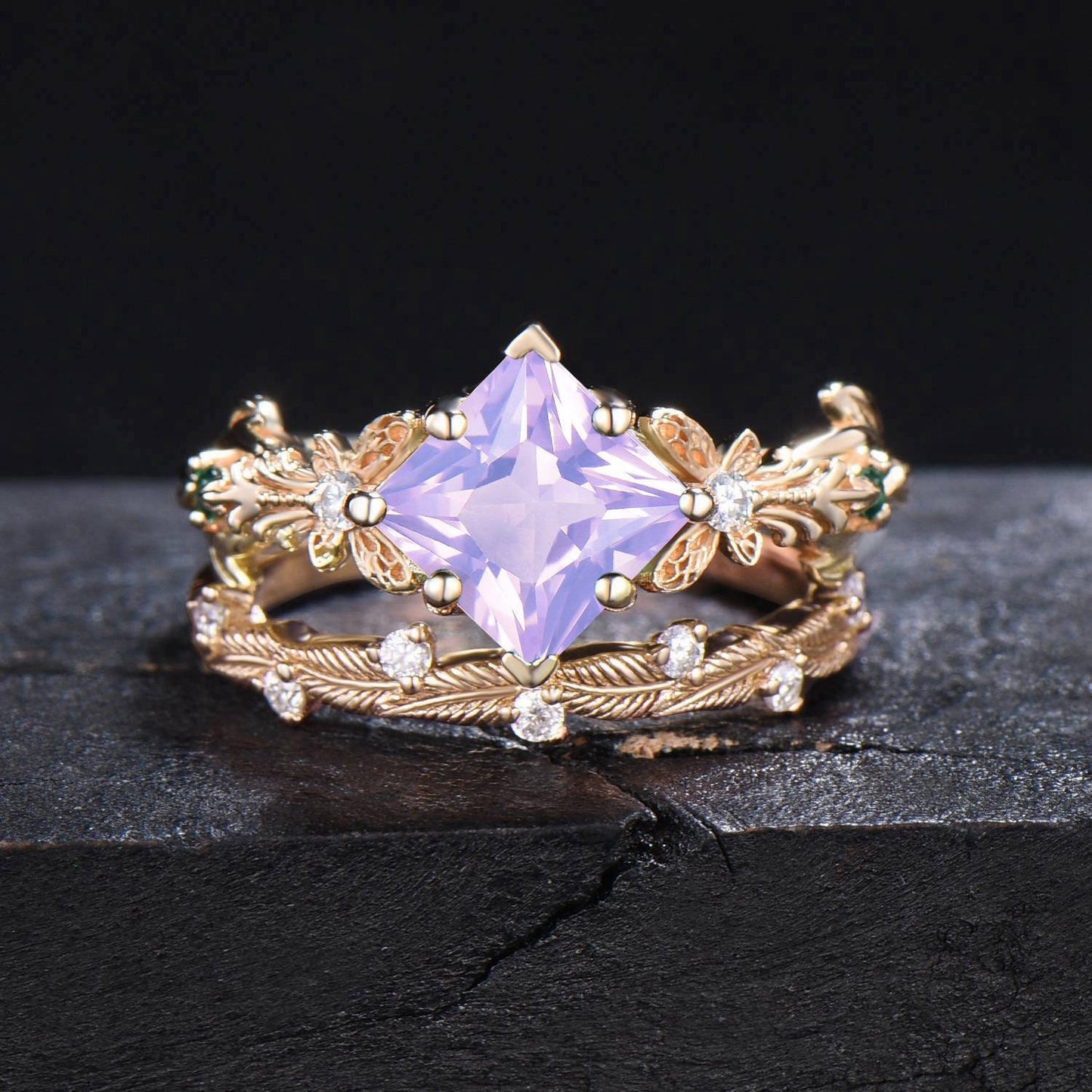 Princess Cut Natural Lavender Amethyst Engagement Ring Set 10k/14k Gold Butterfly Wedding Ring Branch Leaf Amethyst Bridal Set Proposal Gift