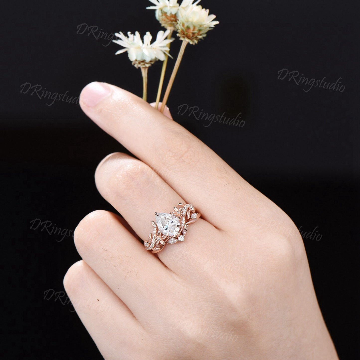 Floral Pear Lab Grown Diamond Engagement Ring Set Nature Inspired Leaf April Birthstone Wedding Ring IGI Certificate Ring Anniversary Gift