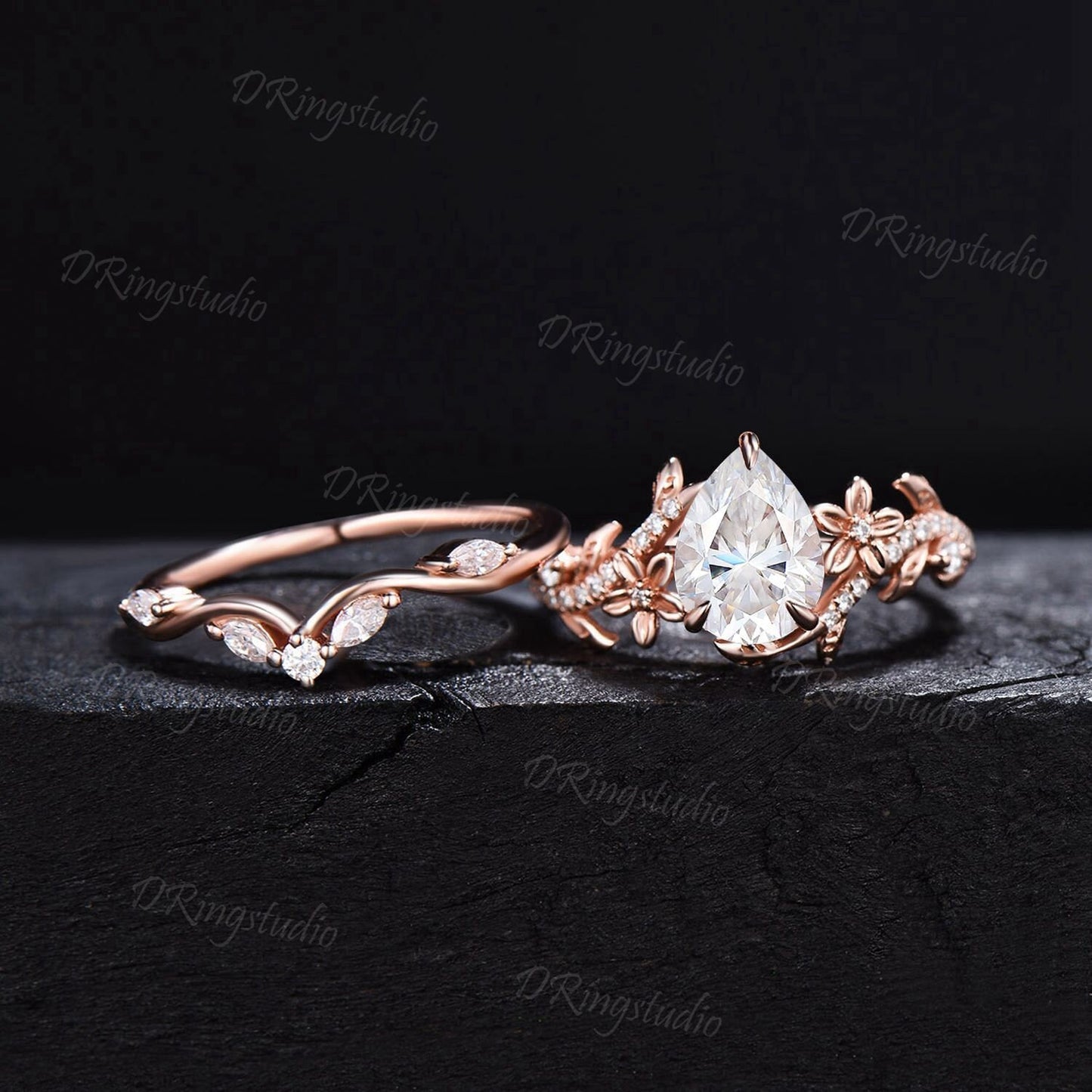 Floral Pear Lab Grown Diamond Engagement Ring Set Nature Inspired Leaf April Birthstone Wedding Ring IGI Certificate Ring Anniversary Gift