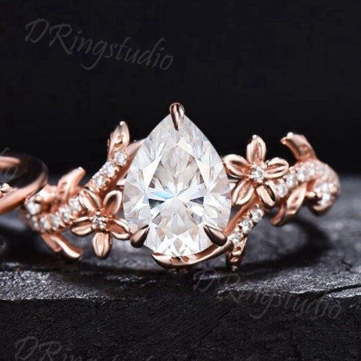Floral Pear Lab Grown Diamond Engagement Ring Set Nature Inspired Leaf April Birthstone Wedding Ring IGI Certificate Ring Anniversary Gift
