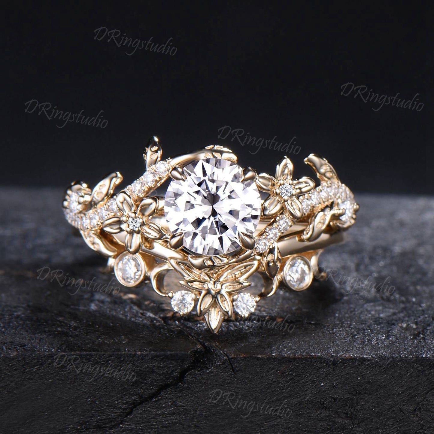 Lab Grown Diamond Engagement Ring Set Round Cut Diamond Floral Wedding Ring Nature Inspired Leaf Vine Bridal Ring Set Celestial Moon Ring