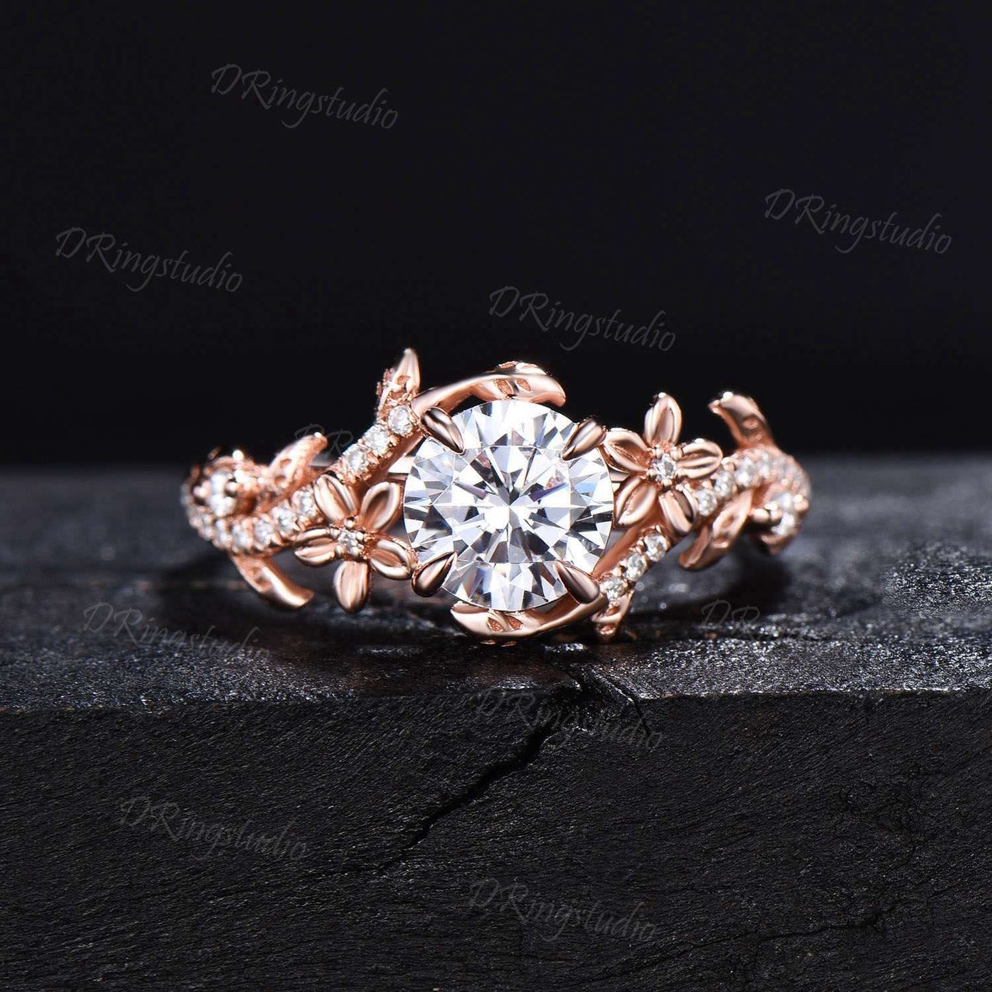 Lab Grown Diamond Engagement Ring Set Round Cut Diamond Floral Wedding Ring Nature Inspired Leaf Vine Bridal Ring Set Celestial Moon Ring