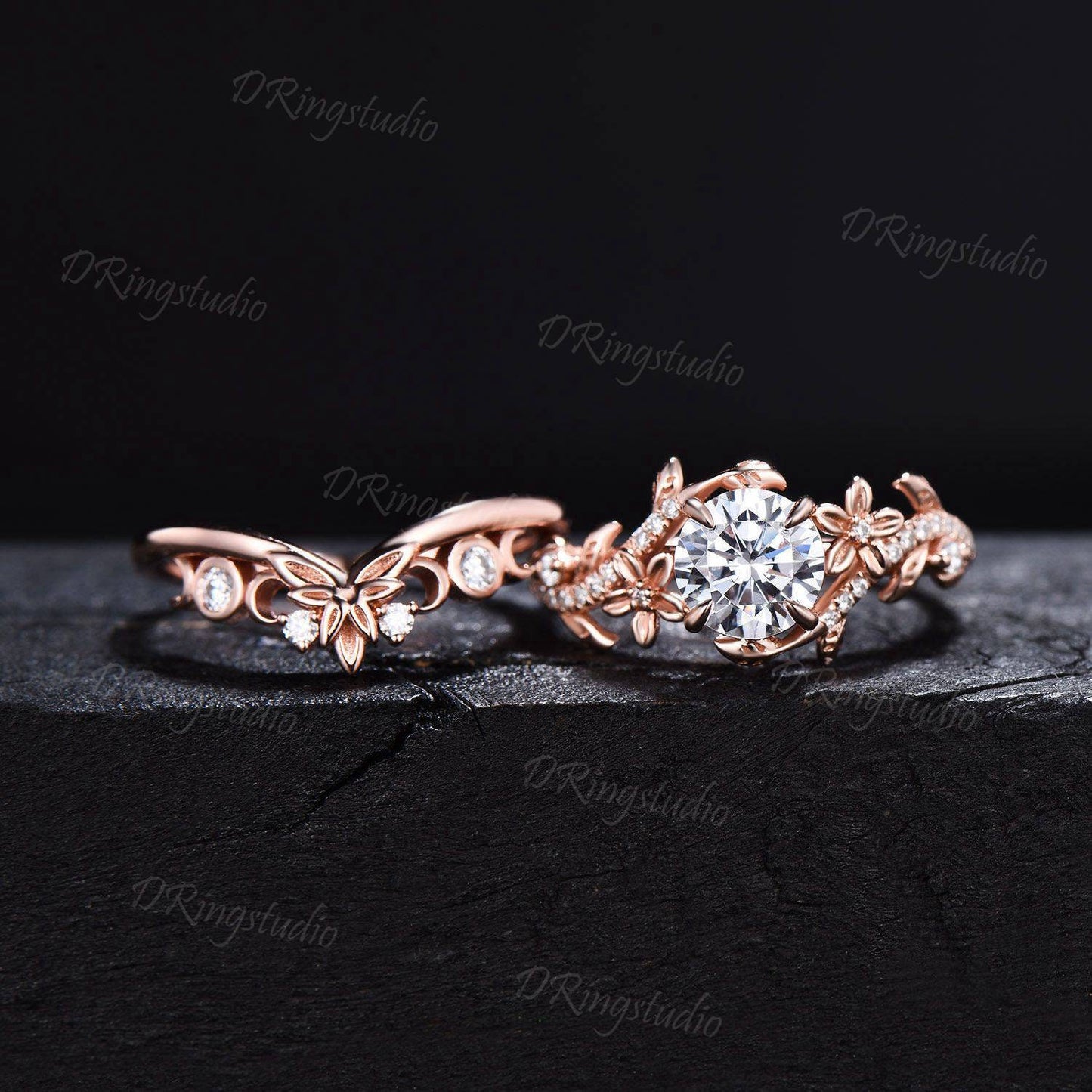 Lab Grown Diamond Engagement Ring Set Round Cut Diamond Floral Wedding Ring Nature Inspired Leaf Vine Bridal Ring Set Celestial Moon Ring