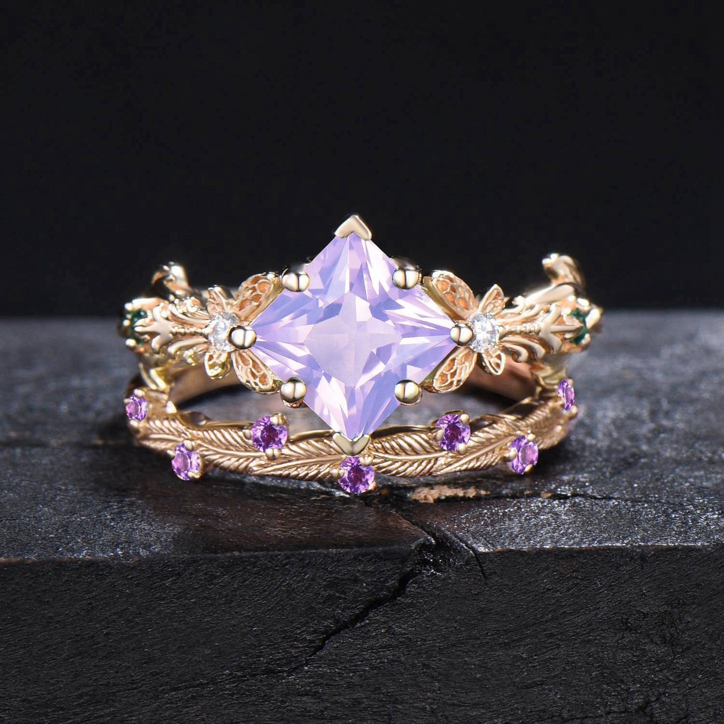 Princess Cut Natural Lavender Amethyst Engagement Ring Set 10k/14k Gold Butterfly Wedding Ring Branch Leaf Amethyst Bridal Set Proposal Gift