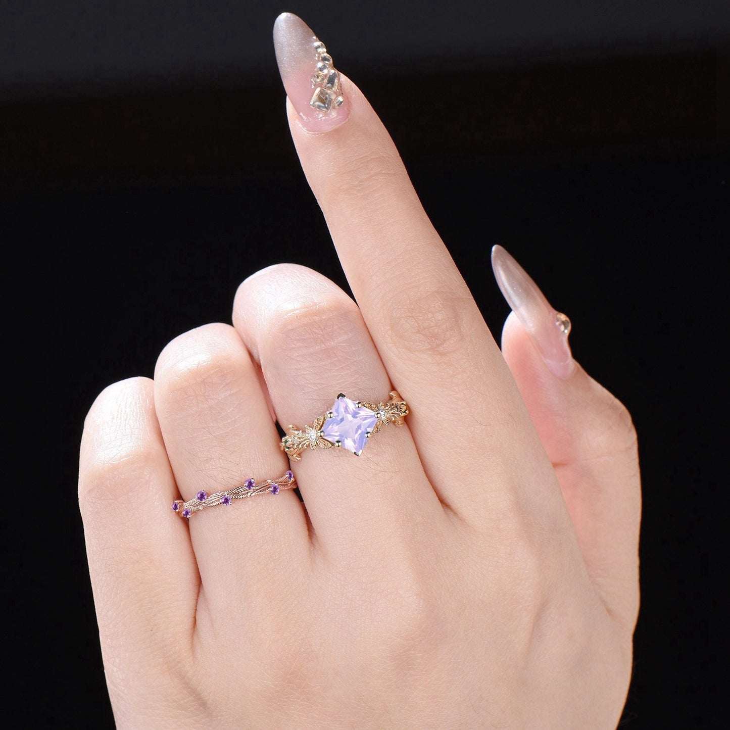 Princess Cut Natural Lavender Amethyst Engagement Ring Set 10k/14k Gold Butterfly Wedding Ring Branch Leaf Amethyst Bridal Set Proposal Gift