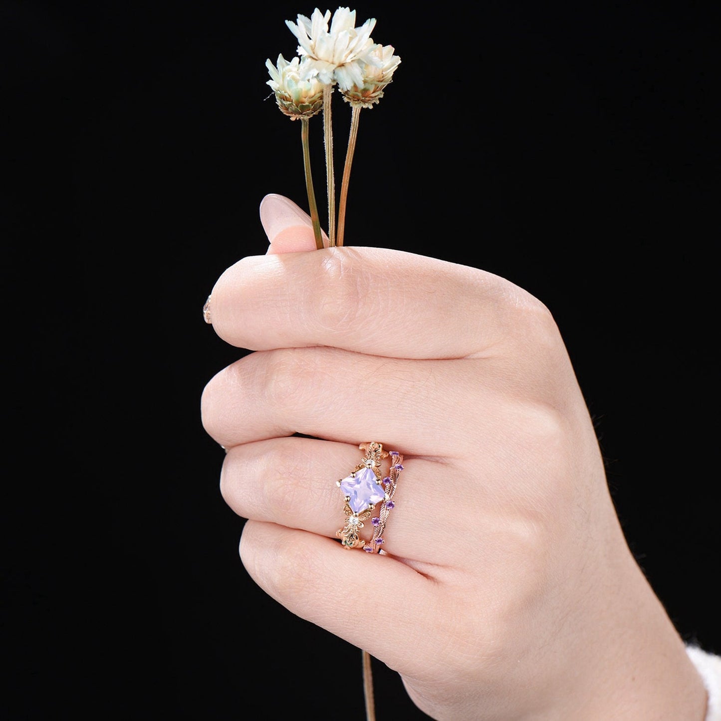 Princess Cut Natural Lavender Amethyst Engagement Ring Set 10k/14k Gold Butterfly Wedding Ring Branch Leaf Amethyst Bridal Set Proposal Gift