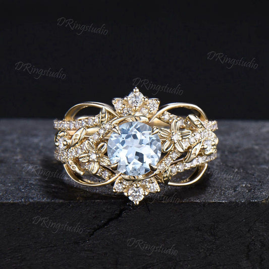 Unique Enhancer Guard Ring Set 1ct Natural Aquamarine Engagement Ring 14k Solid Gold Double Curved Diamond Matching Band Floral Wedding Ring