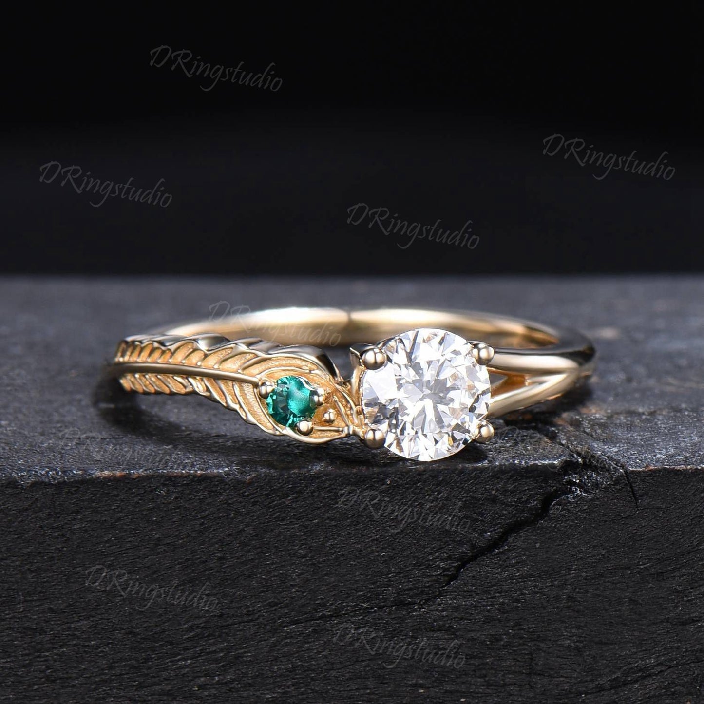 Unique Peacock Ring Round Cut Vintage Moissanite Engagement Ring Dainty Gold Peacock Feather Diamond Ring Bohemian Jewelry Gift for Women