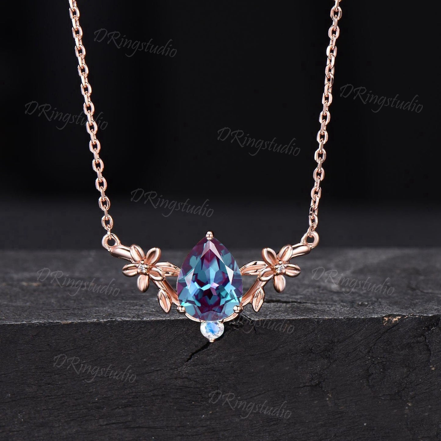 Floral Pear Cut Color-Change Alexandrite Necklace Twig Leaf Wedding Necklace Boho Gemstone Necklace Minimalist Necklace Bridesmaid Jewelry