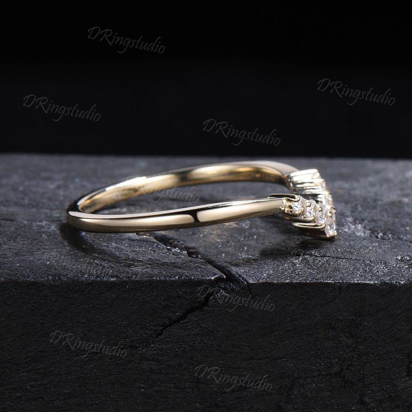 14k Solid Gold Curved Wedding Band 7 Stone Round Moissanite Diamond Band Chevron Matching Bridal Ring Minimalist Band Proposal Gift for Her