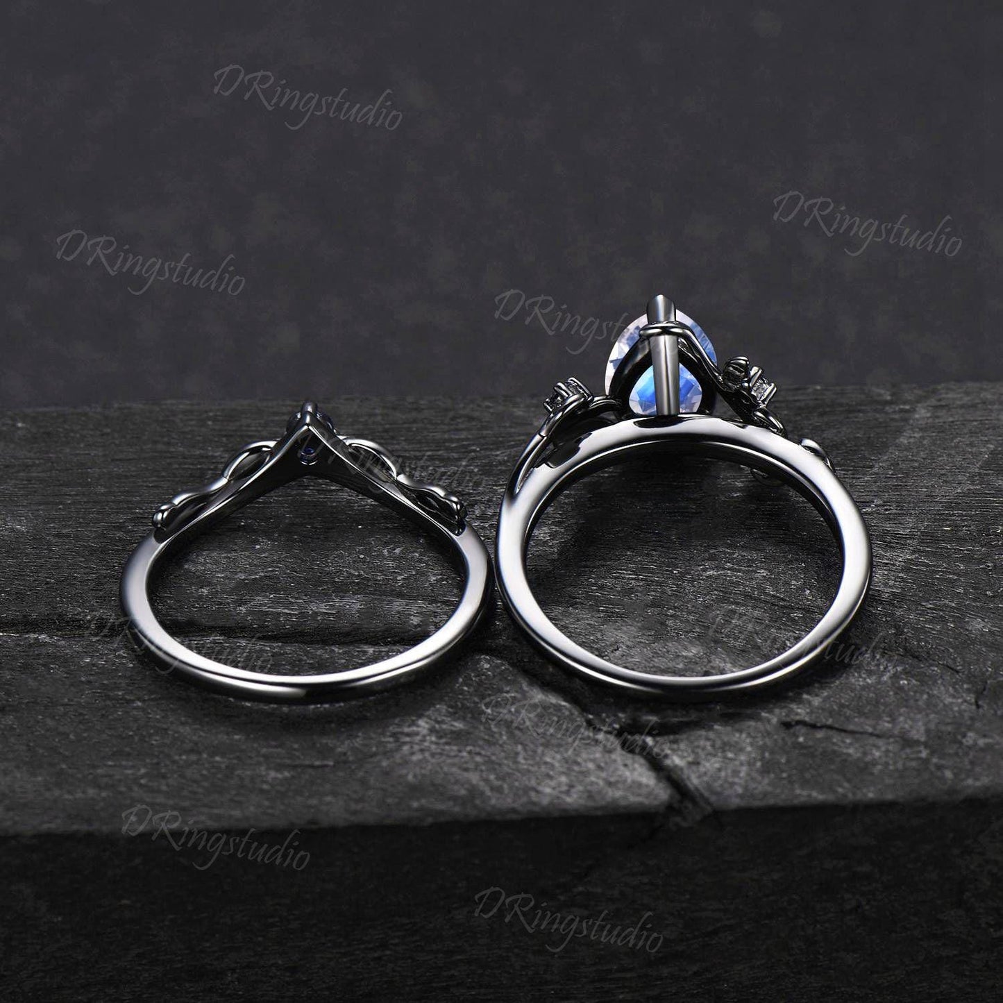 Black Leaf Natural Moonstone Engagement Ring Set Branch Vine Teardrop Rainbow Moonstone Wedding Ring Gothic Black Gold Blue Gemstone Ring