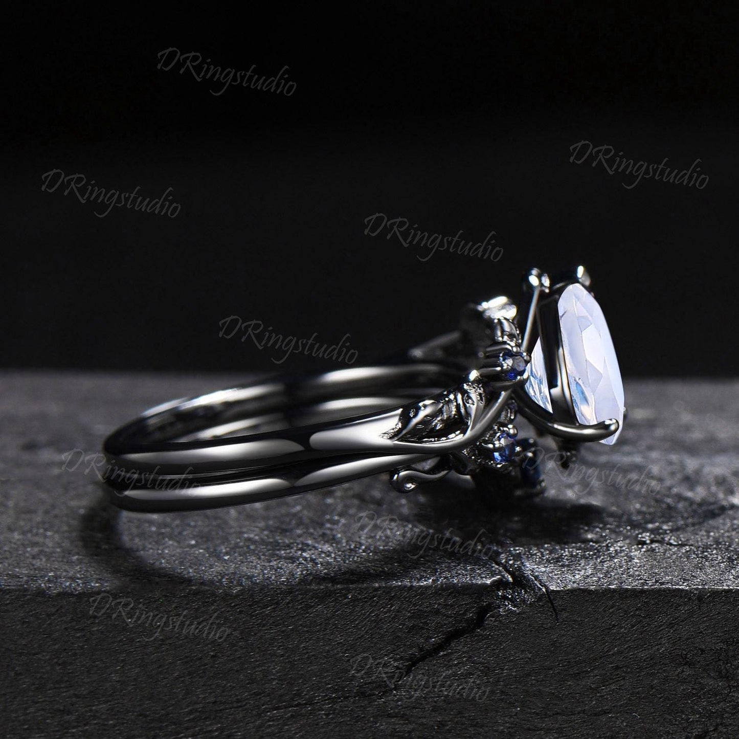 Black Leaf Natural Moonstone Engagement Ring Set Branch Vine Teardrop Rainbow Moonstone Wedding Ring Gothic Black Gold Blue Gemstone Ring