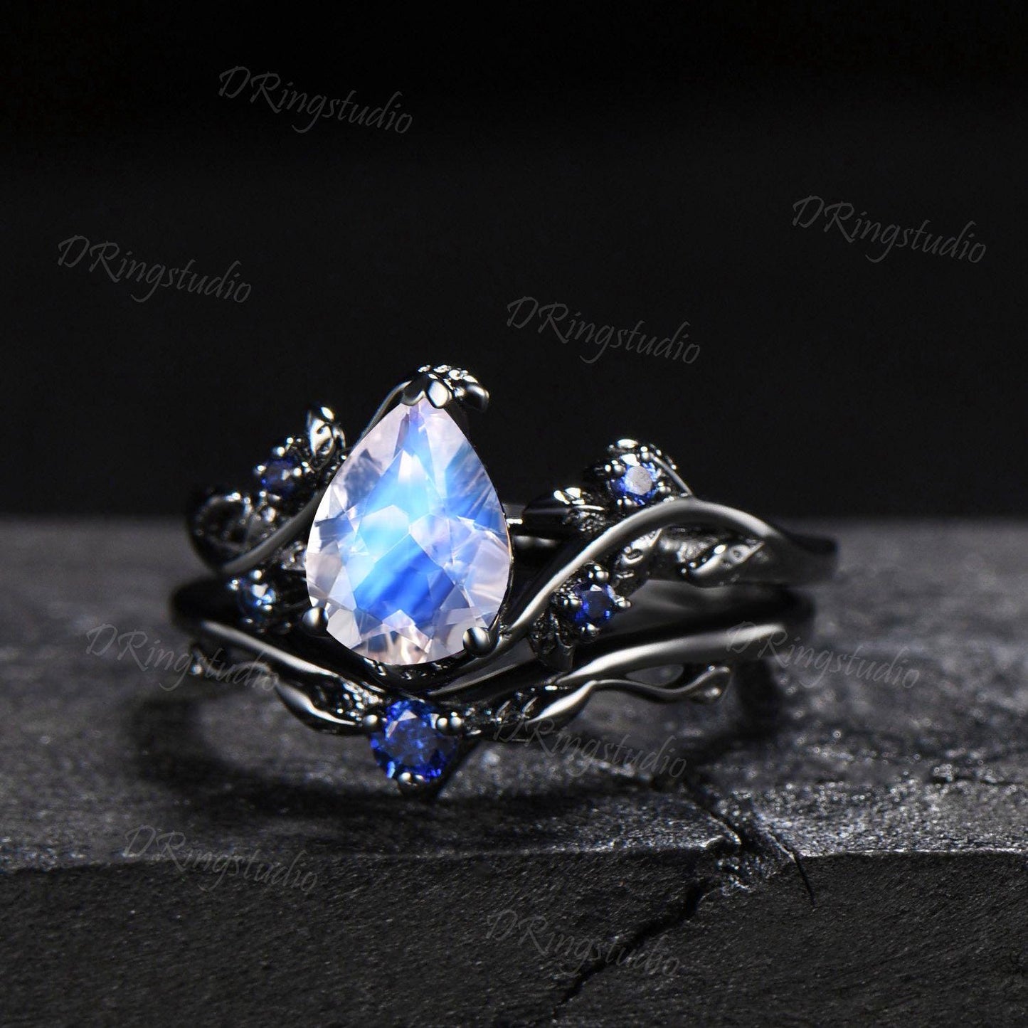 Black Leaf Natural Moonstone Engagement Ring Set Branch Vine Teardrop Rainbow Moonstone Wedding Ring Gothic Black Gold Blue Gemstone Ring