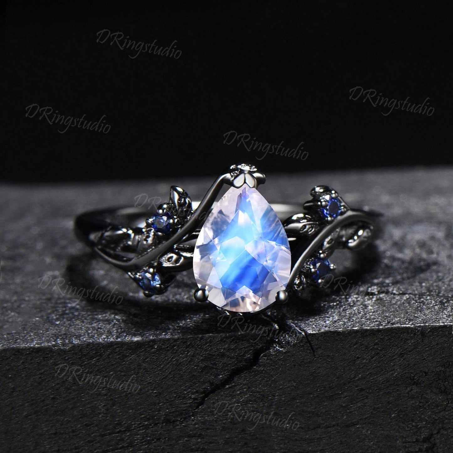 Black Leaf Natural Moonstone Engagement Ring Set Branch Vine Teardrop Rainbow Moonstone Wedding Ring Gothic Black Gold Blue Gemstone Ring