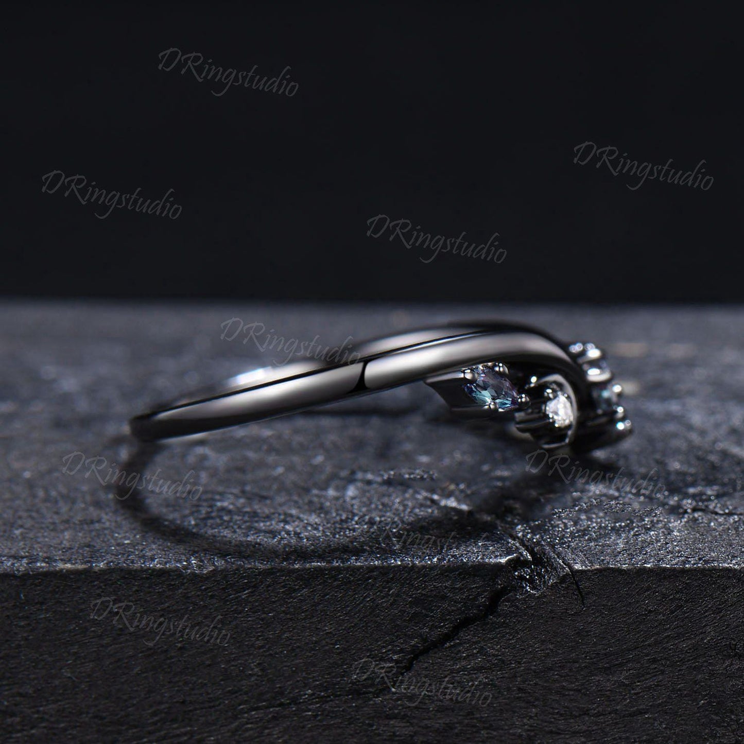 Black Gold Curved Wedding Band Celestial Moon Alexandrite Matching Band Gothic V Curved Wedding Band Unique Matching Stacking Ring for Women
