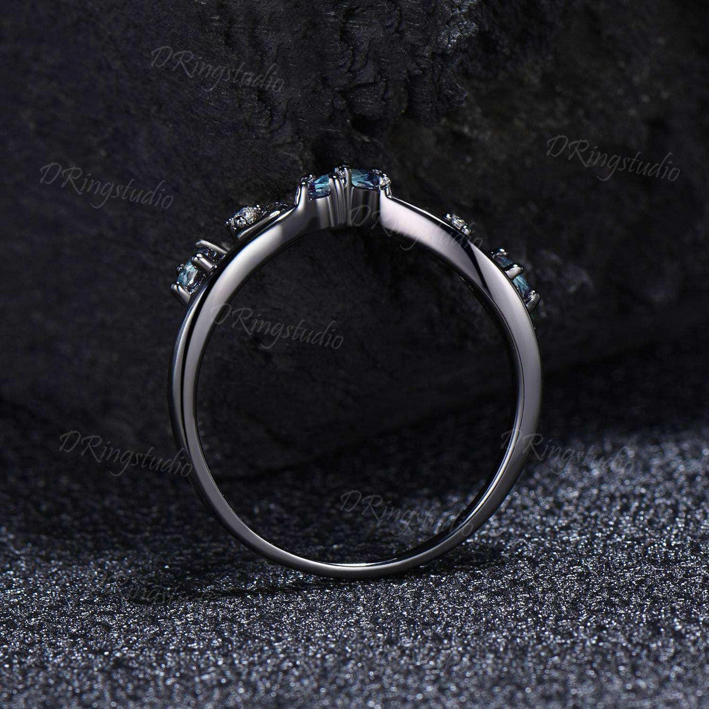 Black Gold Curved Wedding Band Celestial Moon Alexandrite Matching Band Gothic V Curved Wedding Band Unique Matching Stacking Ring for Women