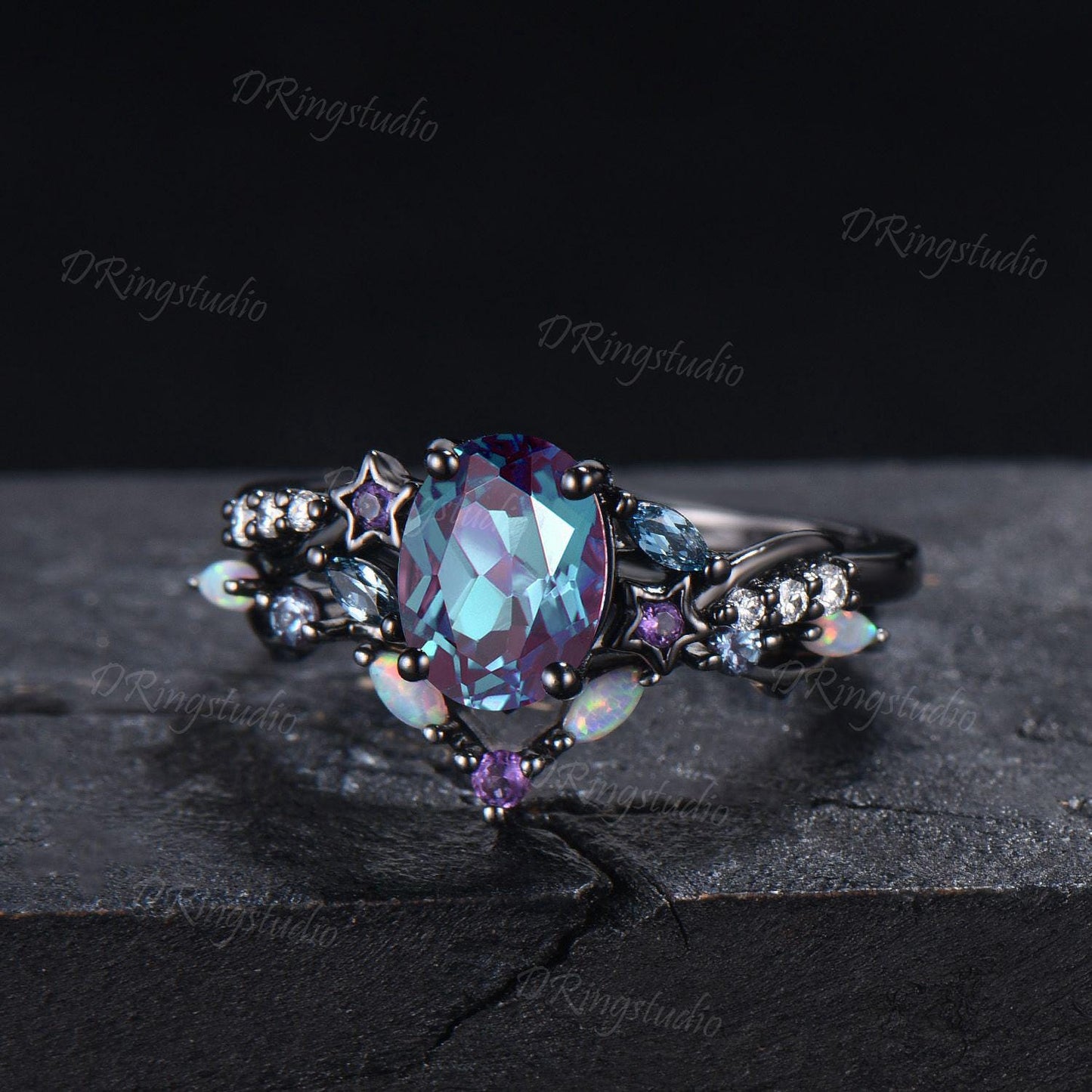 Star Design Oval Alexandrite Engagement Ring Set Unique Gothic Black Gold Wedding Ring Cluster Opal Amethyst Bridal Ring Set Proposal Gift