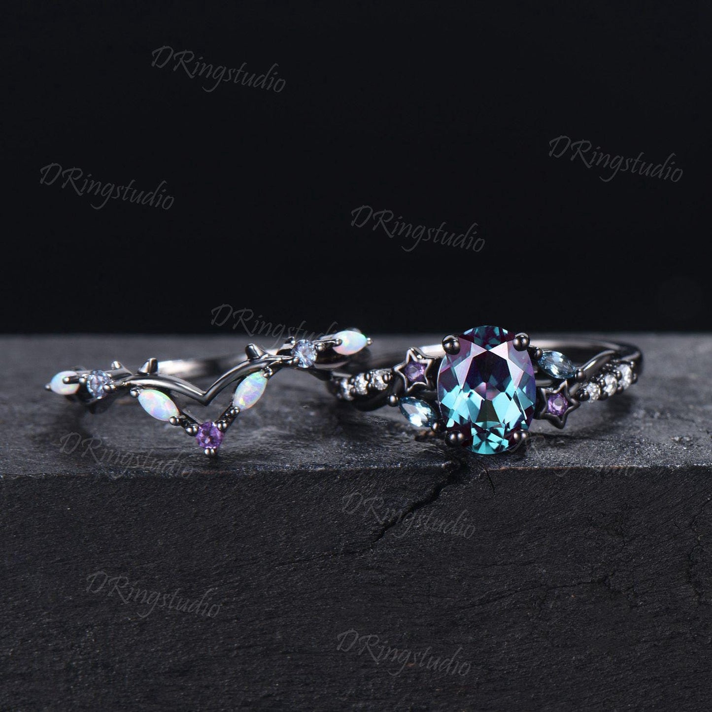 Star Design Oval Alexandrite Engagement Ring Set Unique Gothic Black Gold Wedding Ring Cluster Opal Amethyst Bridal Ring Set Proposal Gift