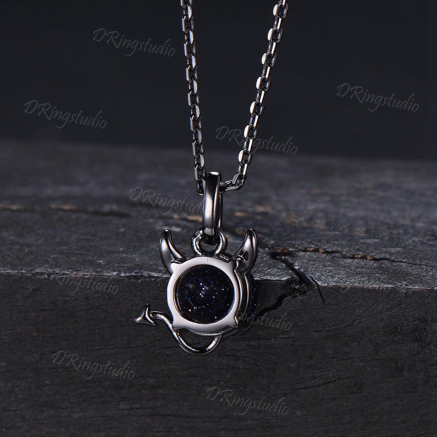 Unique Blue Sandstone Necklace Earrings Jewelry Set Black Gold Devil Tail Necklace Cute Devil Gemstone Stud Earrings Devil Halloween Jewelry