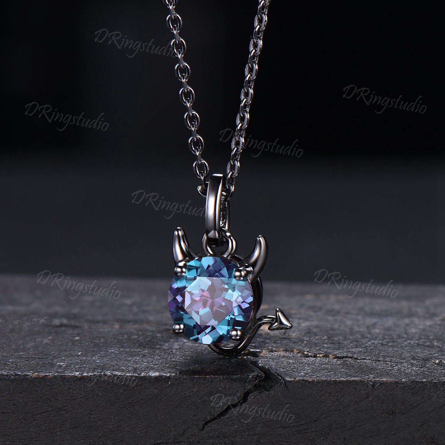 Black Gold Devil Necklace Unique 7mm Round Cut Alexandrite Necklace Gothic Little Devil Necklace Unisex Devil Pendant Halloween Jewelry Gift
