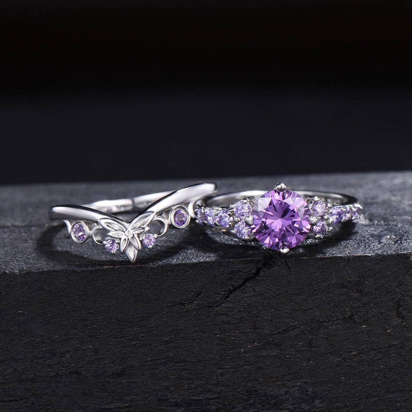 14k White Gold Round Natural Amethyst Engagement Ring Set Norse Viking Ring Celtic Knot Ring 2pcs Bridal Ring Set Anniversary Gift for Women