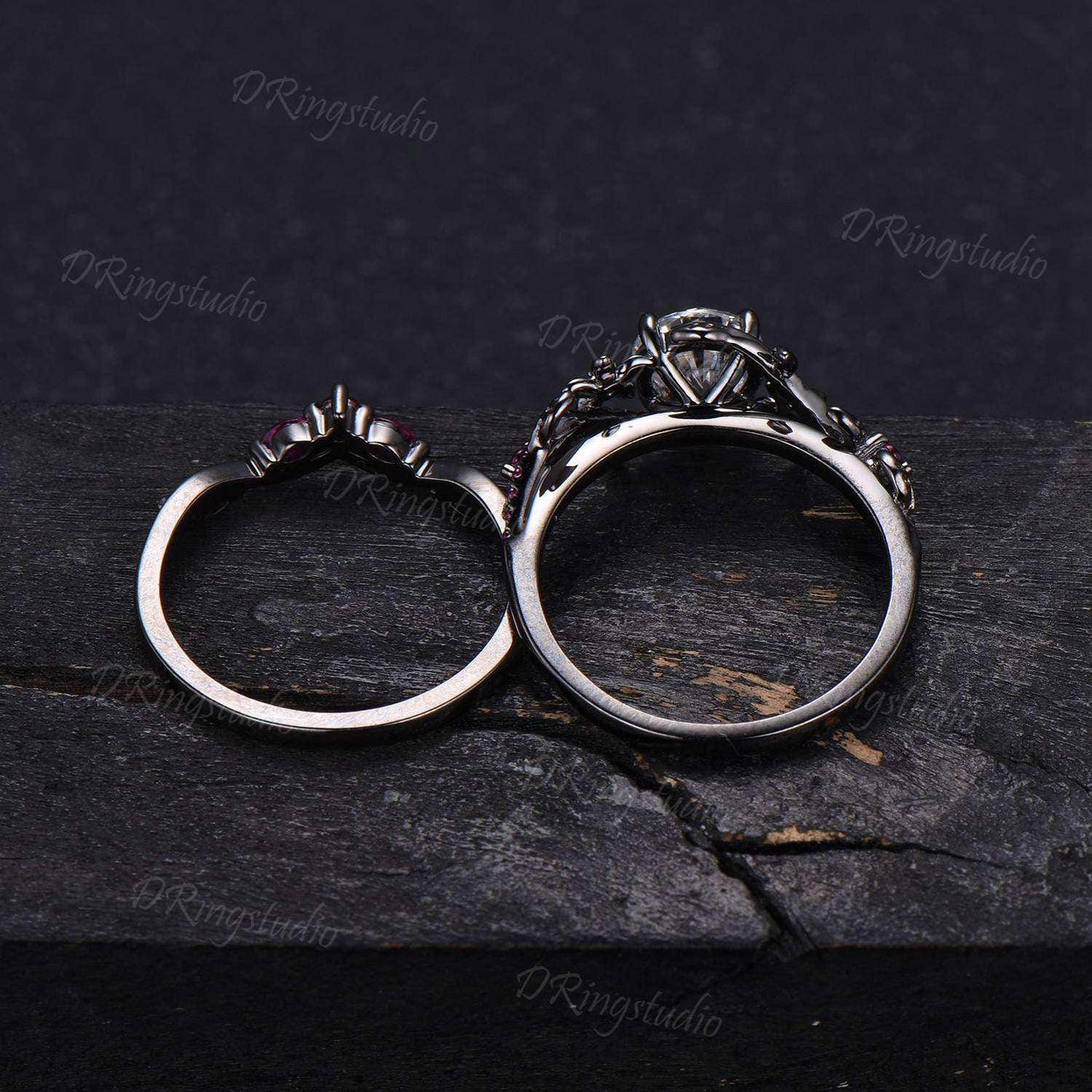 Black Gold Round Moissanite Ruby Engagement Ring Set Art Deco Red Ruby Floral Wedding Ring Gothic Black Leaf Branch Bridal Set Promise Gift
