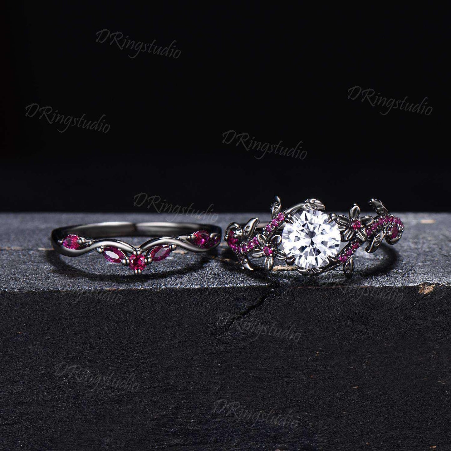 Black Gold Round Moissanite Ruby Engagement Ring Set Art Deco Red Ruby Floral Wedding Ring Gothic Black Leaf Branch Bridal Set Promise Gift