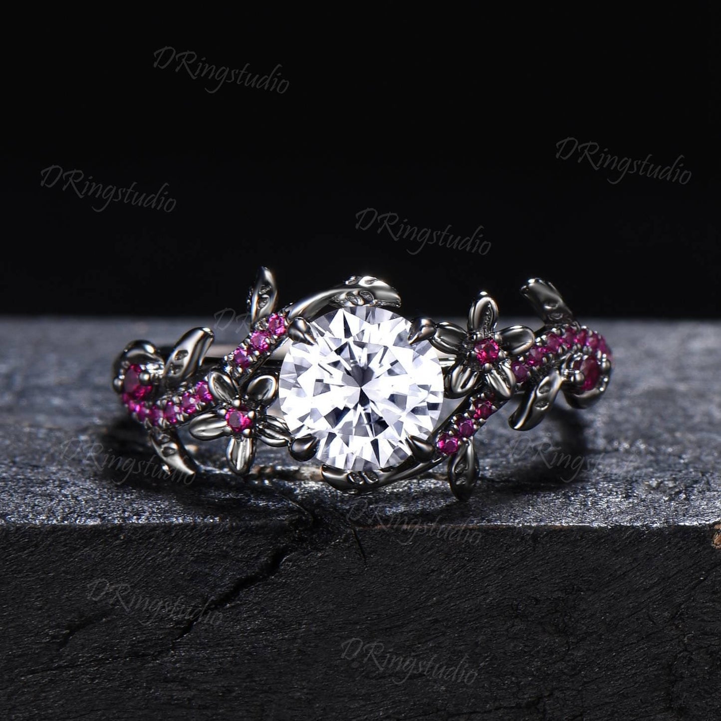 Black Gold Round Moissanite Ruby Engagement Ring Set Art Deco Red Ruby Floral Wedding Ring Gothic Black Leaf Branch Bridal Set Promise Gift