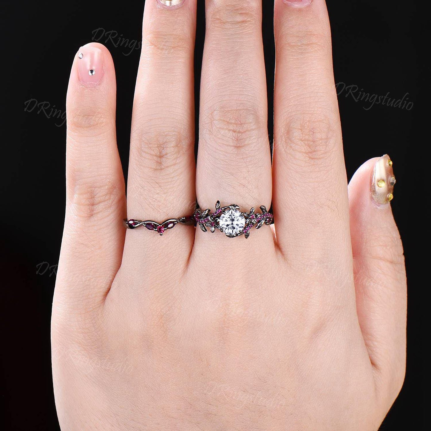 Black Gold Round Moissanite Ruby Engagement Ring Set Art Deco Red Ruby Floral Wedding Ring Gothic Black Leaf Branch Bridal Set Promise Gift