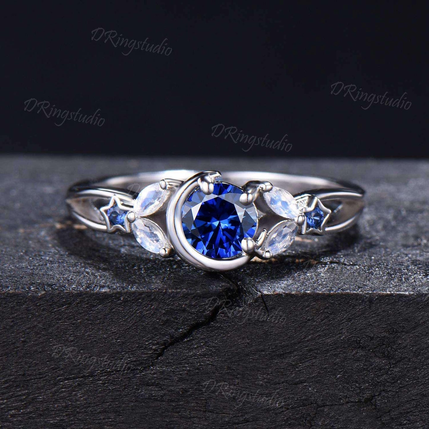 Moon Star Engagement Ring Round Blue Sapphire Ring White Gold Moonstone Wedding Ring Celestial Moon Ring September Birthstone Proposal Gifts