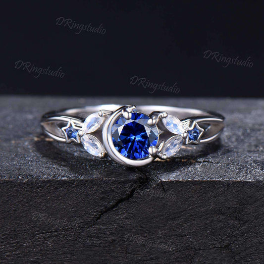 Moon Star Engagement Ring Round Blue Sapphire Ring White Gold Moonstone Wedding Ring Celestial Moon Ring September Birthstone Proposal Gifts