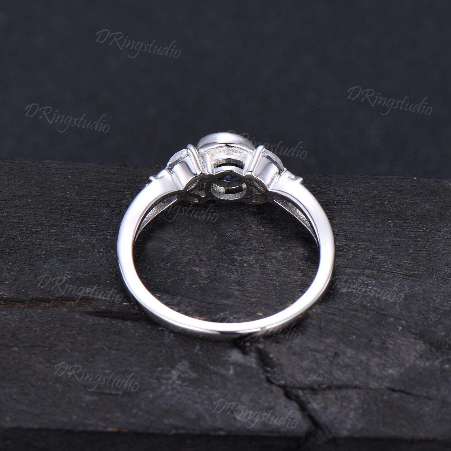 Moon Star Engagement Ring Round Blue Sapphire Ring White Gold Moonstone Wedding Ring Celestial Moon Ring September Birthstone Proposal Gifts