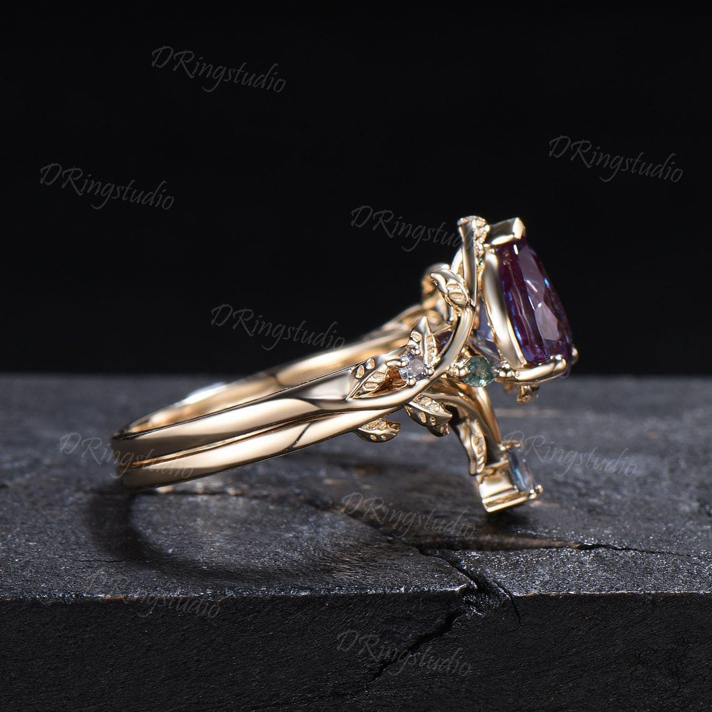 1.25ct Pear Alexandrite Engagement Ring Set Nature Inspired Moss Agate Wedding Ring Twist Twig Vine Alexandrite Bridal Set Anniversary Gifts