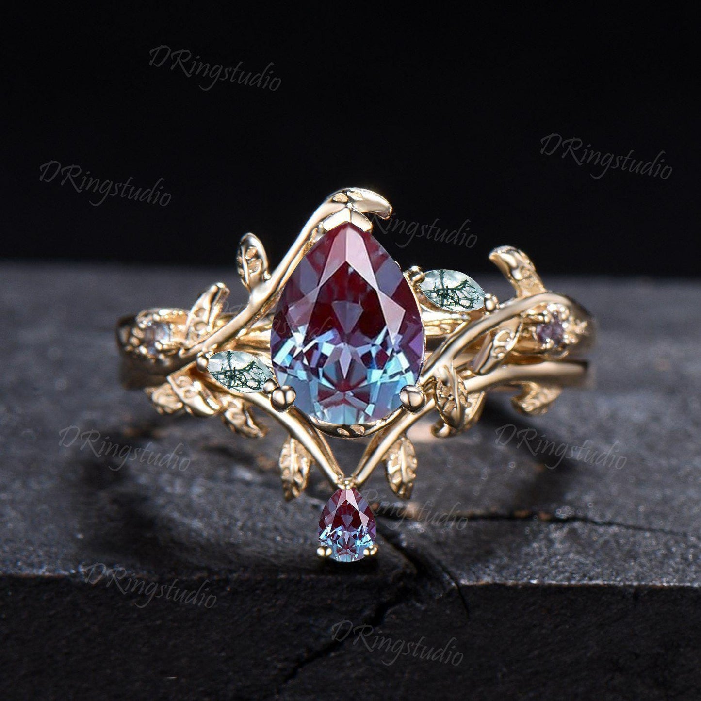 1.25ct Pear Alexandrite Engagement Ring Set Nature Inspired Moss Agate Wedding Ring Twist Twig Vine Alexandrite Bridal Set Anniversary Gifts