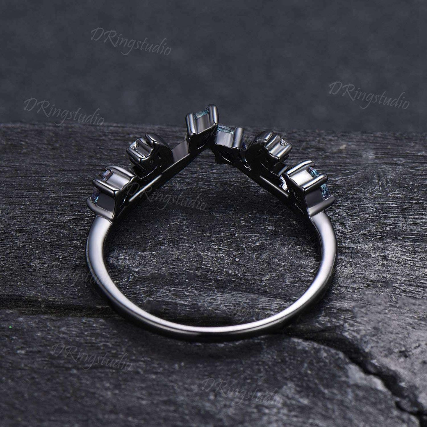 Black Gold Curved Wedding Band Celestial Moon Alexandrite Matching Band Gothic V Curved Wedding Band Unique Matching Stacking Ring for Women