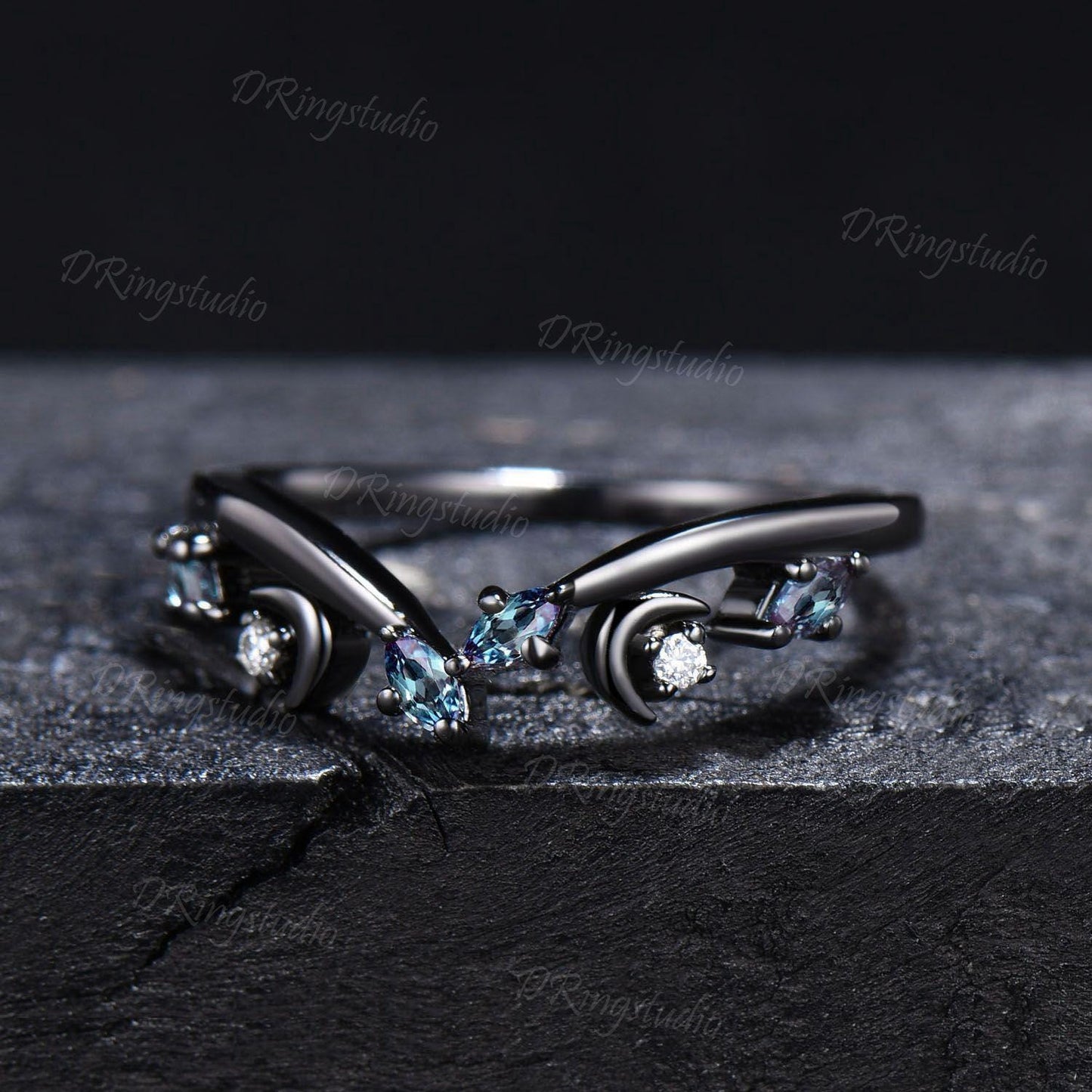 Black Gold Curved Wedding Band Celestial Moon Alexandrite Matching Band Gothic V Curved Wedding Band Unique Matching Stacking Ring for Women
